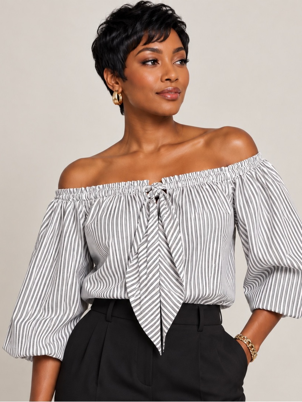 NWT LOFT Black White Striped Off Shoulder Blouse S